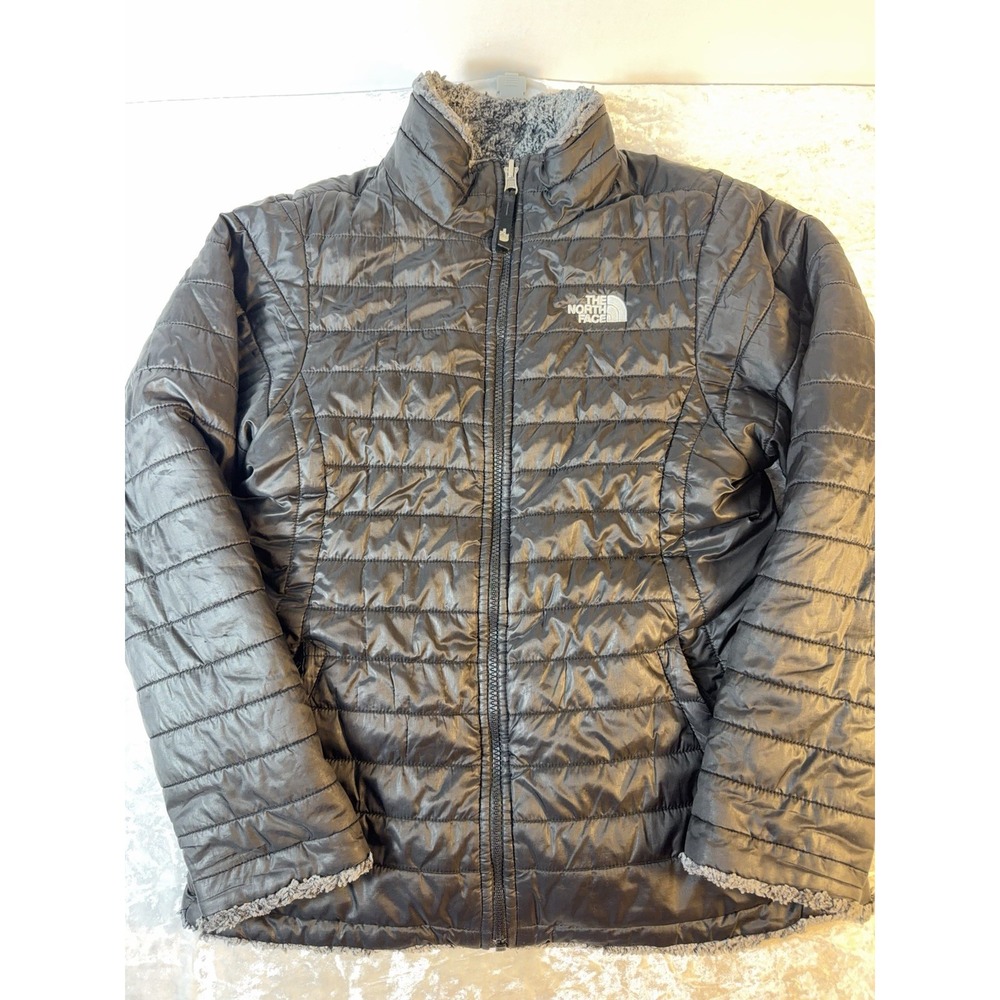 The North Face Girls XL 16 Reversible Jacket Black Puffer Gray Fleece Coat